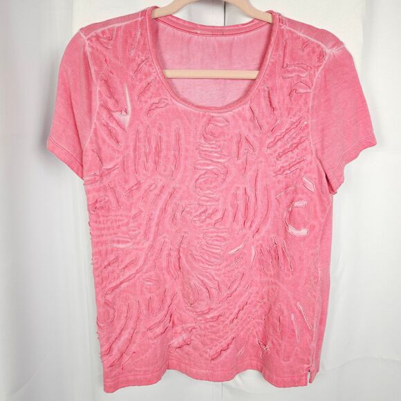 Chico's 1 Womens 8 Pink Distressed Ripped Grunge Scoop Neck Tee T-Shirt Top - Picture 1 of 7